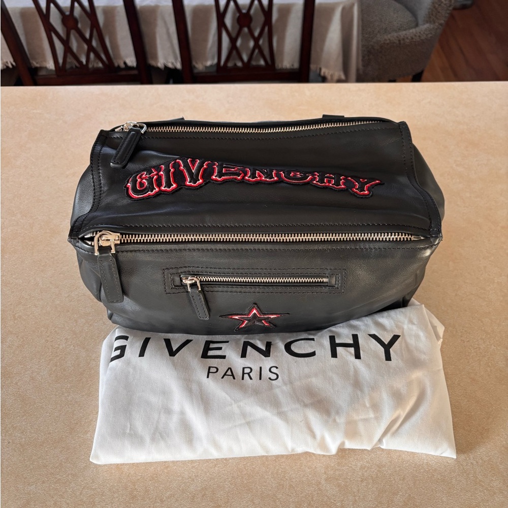 Givenchy Black Leather Toiletry Bag with Red Embroidered Logo